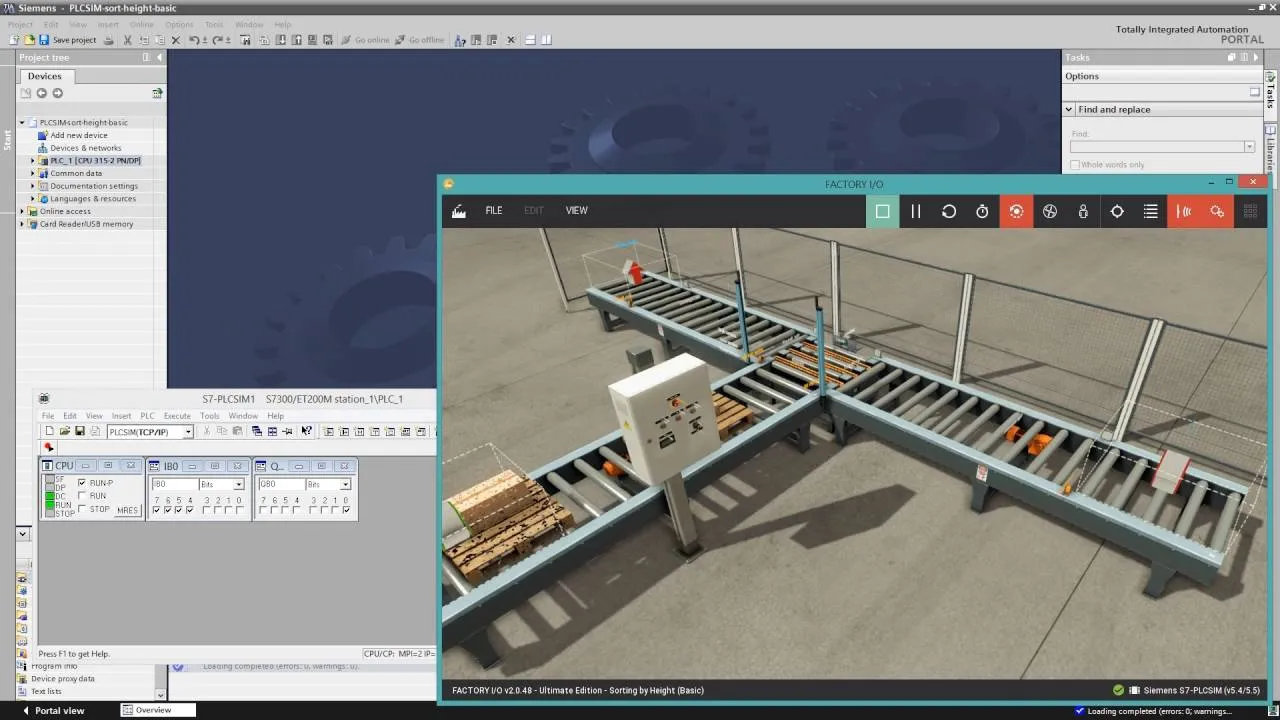Siemens TIA Portal und Factory I/O mit einer simulierten Sortieranlage